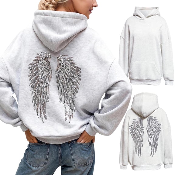 zaveiop Women's Plus Size Long Sleeve Zip up Hoodie Drop Shoulder Rhinestone Bat Wing Vintage Loose Sweatshirt (Grey, L)