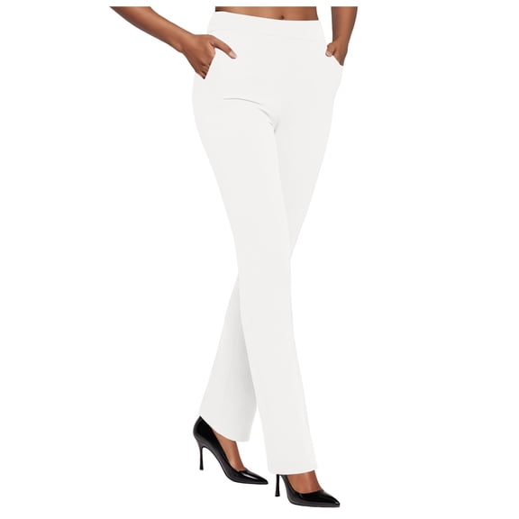 zaveiop Women’s Pull-on Dress Pants – Slim, Flared & Straight Leg Work Pants (Z1-White, L)