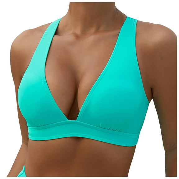 zaveiop Women's Push up V Neck Bikini Tops Criss Cross Back Padded Bathing Suit Top Only (Green, L)
