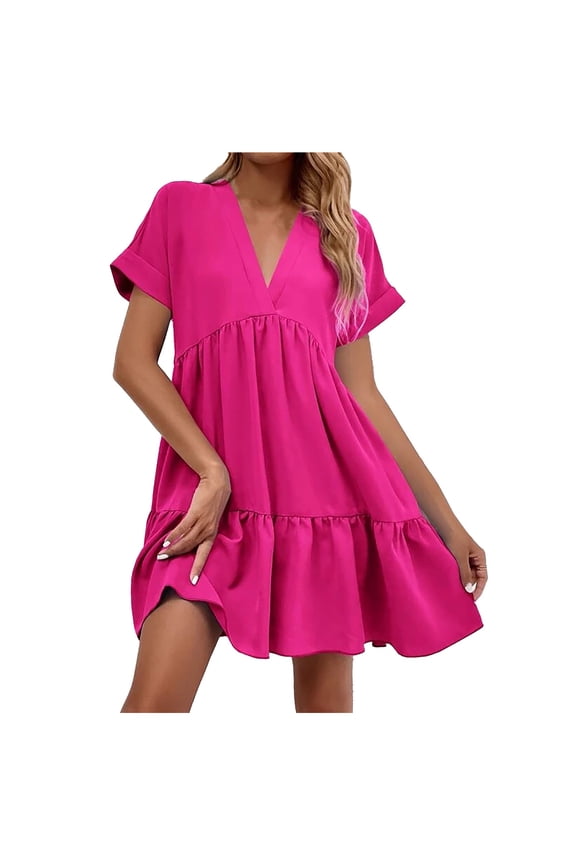 Women's Roll up Short Sleeve V Neck Ruffle Hem Solid Swing Smock Dress (Hot Pink, L)
