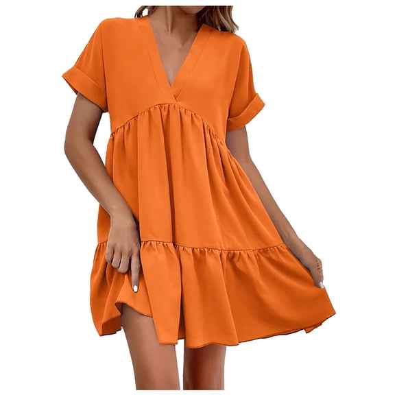 zaveiop Women's Roll up Short Sleeve V Neck Ruffle Hem Solid Swing Smock Dress (Orange, XL)