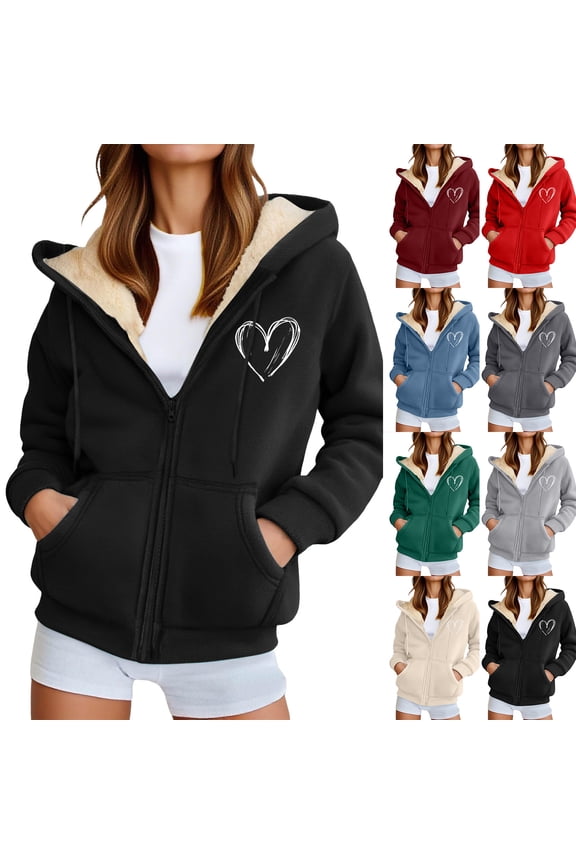 Women's Sales Wool Jacket with Zipper, Thick and Warm Hooded Jacket, Heart-Shaped Print, Winter with Pockets (Black, XL)