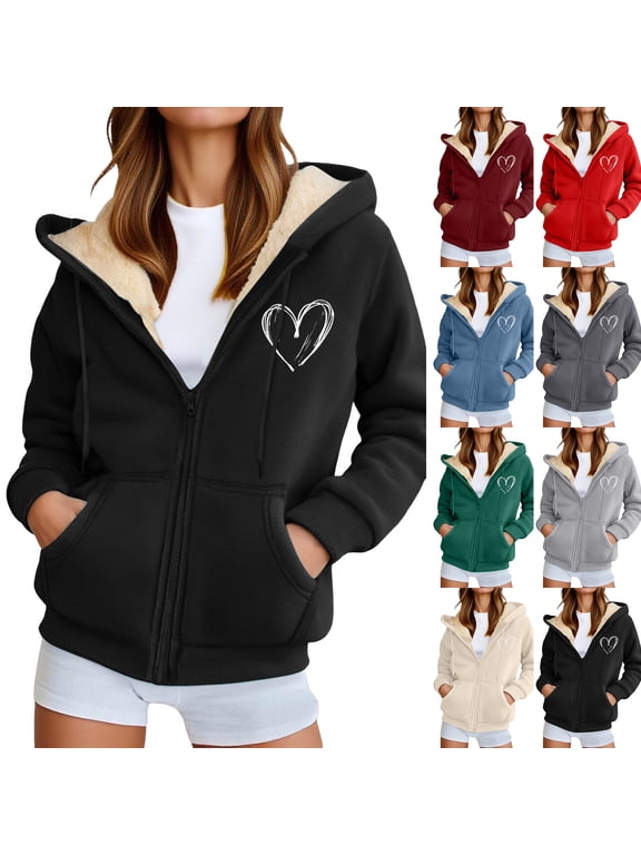 Women's Sales Wool Jacket with Zipper, Thick and Warm Hooded Jacket, Heart-Shaped Print, Winter with Pockets (, XXL)