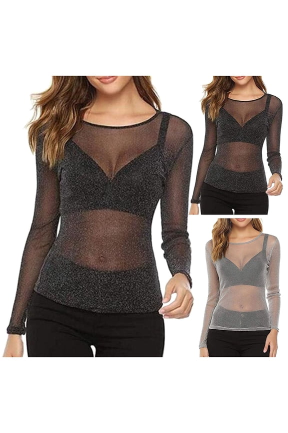 Women's Sexy See Through Shirts Long Sleeve Glitter Mesh Sheer Metallic Shiny Tops Blouse (Grey, S)