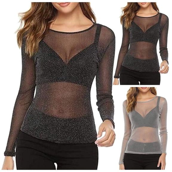 zaveiop Women's Sexy See Through Shirts Long Sleeve Glitter Mesh Sheer Metallic Shiny Tops Blouse (Grey, XL)