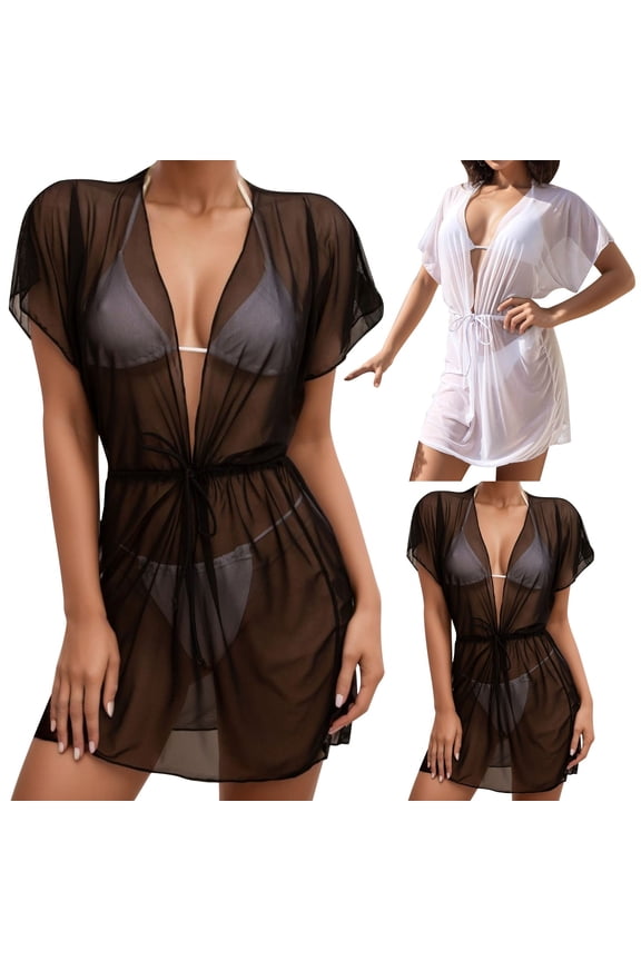 Women's Sheer Mesh Swimsuit Cover up Dress Sexy Beach Dress V-Neck Short Sleeves Summer Coverups for Pool/Party (Black, XXL)