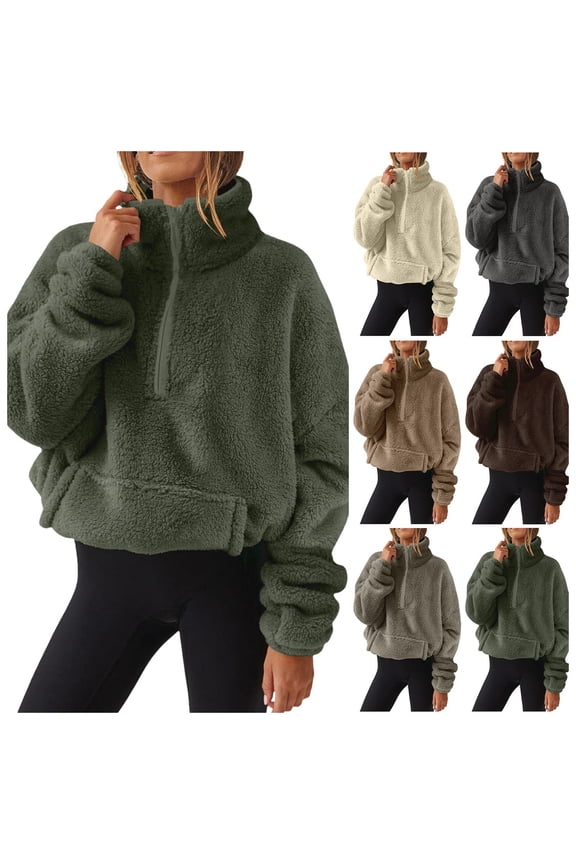 Women's Sherpa Fleece Half-Zip Pullover - Cozy Warm Long Sleeve Sweatshirt Cinchable Outerwear with Pockets (Light Green, M)