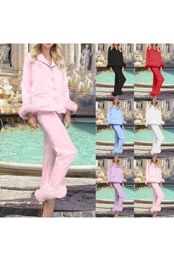 Women's Silk Satin Pajama Set Feather Trim Bridal Long Sleeve Pocketed Lounge Sets Sleepwear (White, XL)