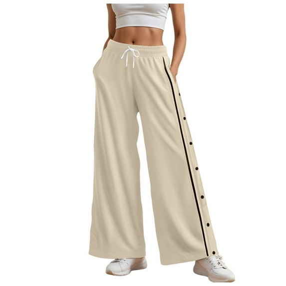 zaveiop Women's Split Snap Button Baggy Wide Leg Pants Elastic Waist Color Block Trousers Streetwear (Z1-White, XL)