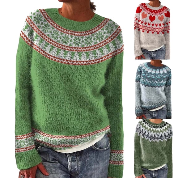 zaveiop Women's Striped Fair Isle Sweater Long Sleeve Crewneck Casual Loose Fit Soft Knit Sweater Pullover Tops (Red, XXL)