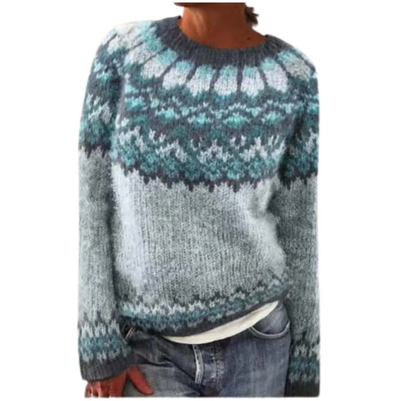 zaveiop Women's Striped Fair Isle Sweater Long Sleeve Crewneck Casual Loose Fit Soft Knit Sweater Pullover Tops (Z1-Blue, XL)