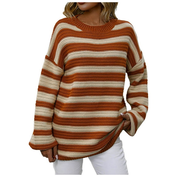 zaveiop Women's Striped Long Sleeved Knitted Sweater, Striped Round Neck Pullover Sweater, Casual Commuting top (Z-Orange, XL)