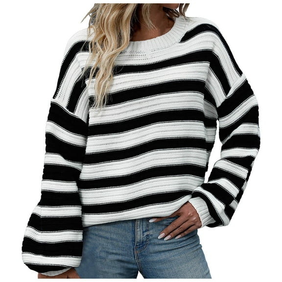 zaveiop Women's Striped Long Sleeved Knitted Sweater, Striped Round Neck Pullover Sweater, Casual Commuting top (Z-White, M)