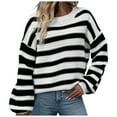 thumbnail image 1 of zaveiop Women's Striped Long Sleeved Knitted Sweater, Striped Round Neck Pullover Sweater, Casual Commuting top (Z-White, S), 1 of 9