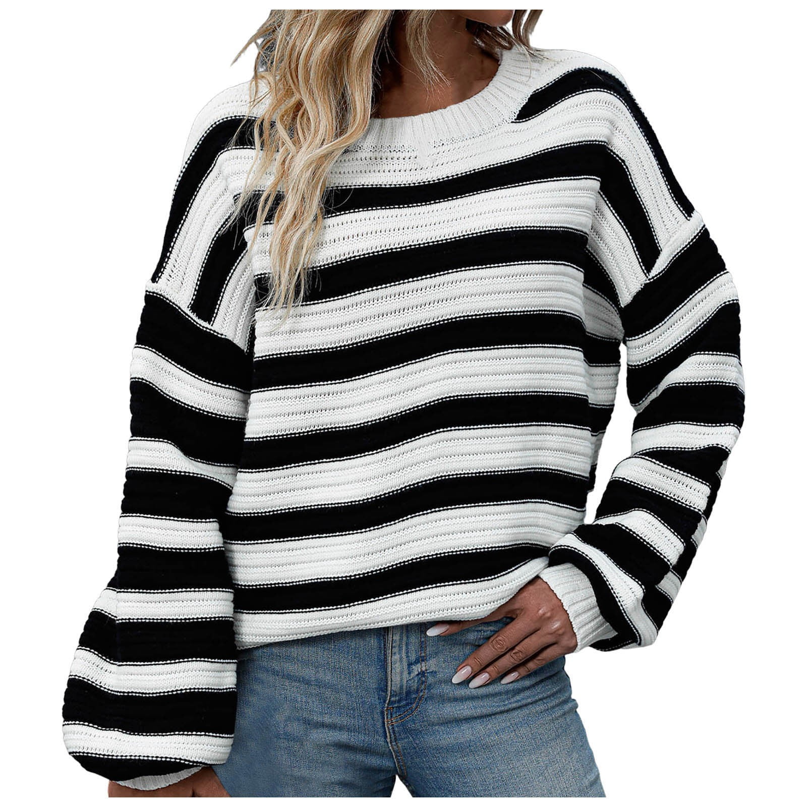 Striped Round Neck Long Sleeve Sweater main image 1