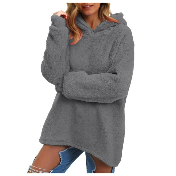 zaveiop Women's Sweater Hoodies Solid Color Hooded Long Sleeve Fleece Pullover Plush Soft Warm Top Casual Loungewear Winter Streetwear Cozy Oversized Fit Daily Wear (Z1-Dark Gray, XXL)