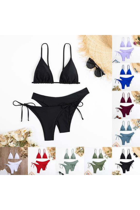 Women's Tie Side Triangle Top String Sexy Swimsuit Bathing Suit 3 Piece Bikinis Sets (Blue, M)