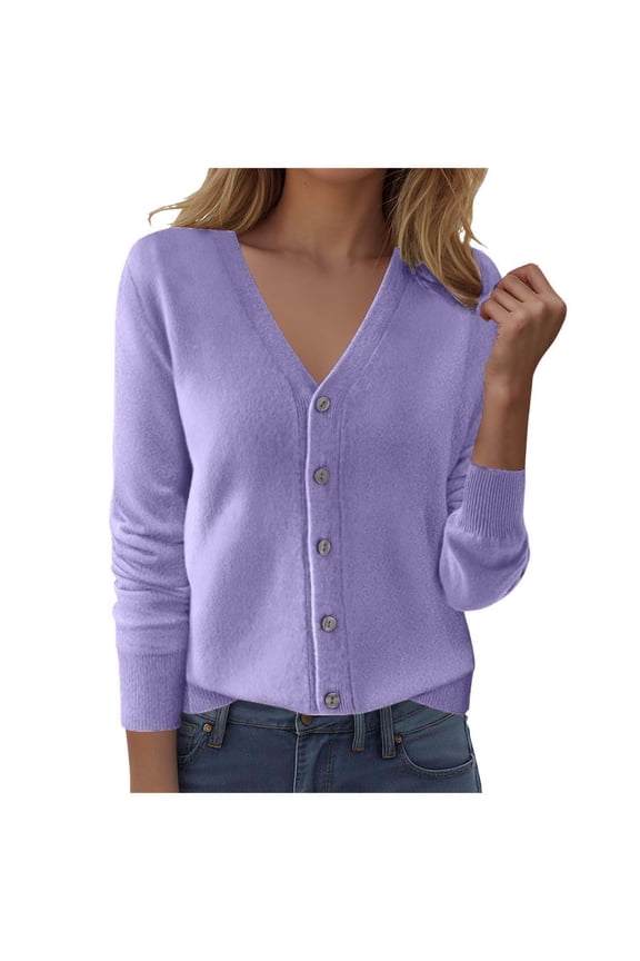 Women's V Neck Button Down Knitwear Long Sleeve Soft Basic Knit Cardigan Sweater (Z-Purple, M)