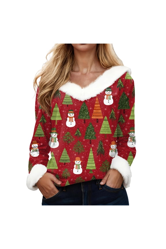 Women's V-Neck Snowman Print Long Sleeve Sweater Cute Christmas Holiday Pullover with Faux Fur Trim (Red, 5XL)