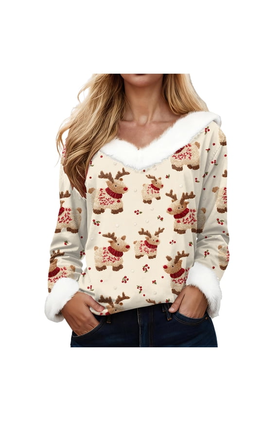 Women's V-Neck Snowman Print Long Sleeve Sweater Cute Christmas Holiday Pullover with Faux Fur Trim (Z3-Beige, XL)