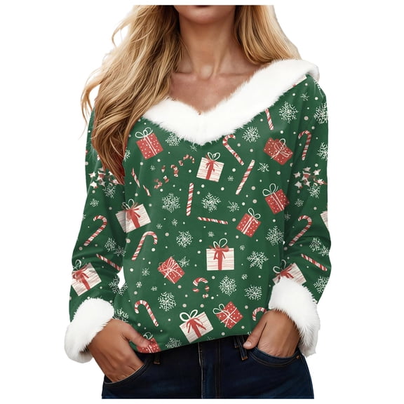 zaveiop Women's V-Neck Snowman Print Long Sleeve Sweater Cute Christmas Holiday Pullover with Faux Fur Trim (Z3-Green, S)