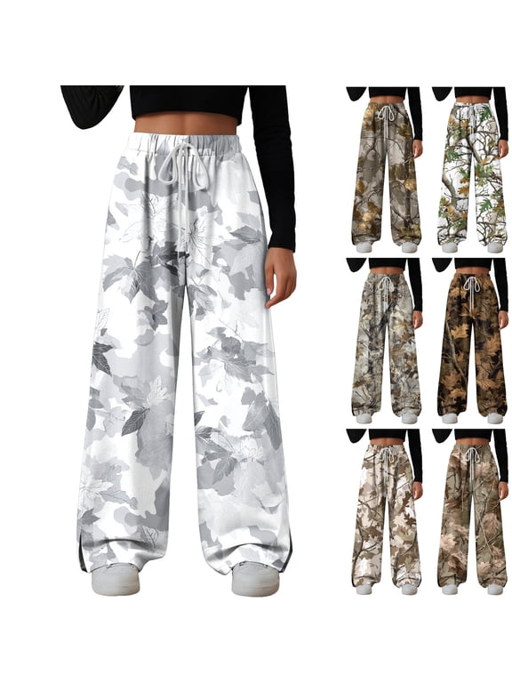 Women's Y2K Camo Maple Leaf Print Sweatpants Baggy Hip Pop Elastic Waist Long Pants Streetwear (Light Gray, L)