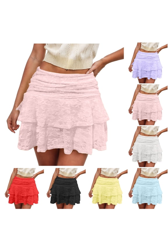 Women's Y2k Lace Layered Mini Skirt High Waist Ruffle Skirt Skort Boho Outfits Micro Shorts (Blue, M)