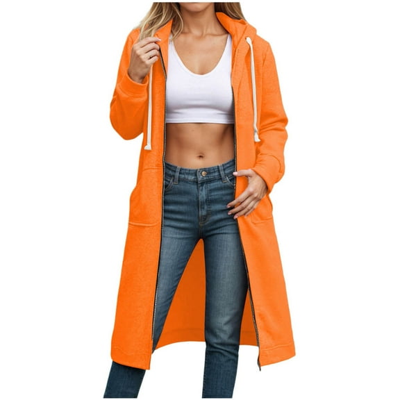 zaveiop Women's Zip up Hoodies Oversized Fleece Long Pullover Hooded Sweatshirts Casual Long Sleeve Fall Hoodie Jacket Coats (Orange, L)