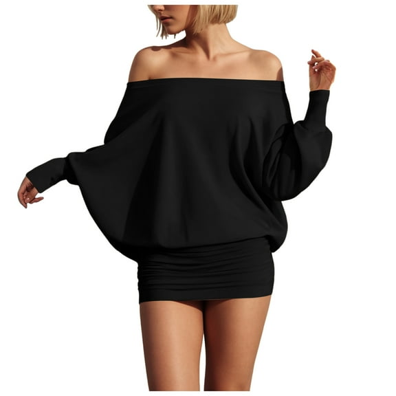 zaveiop Women's off The Shoulder Mini Dress Long Sleeve Ruched Sheer Bodycon Going out Dresses (Black, M)
