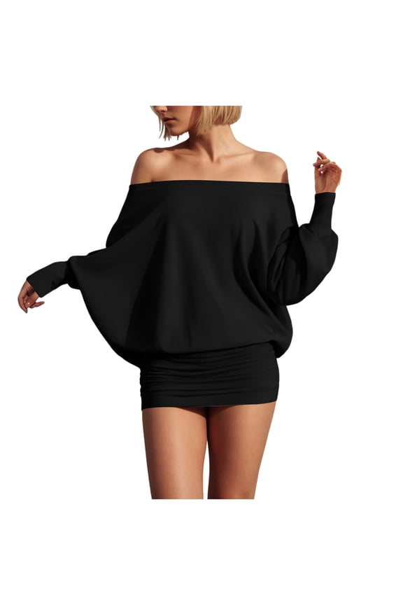 Women's off The Shoulder Mini Dress Long Sleeve Ruched Sheer Bodycon Going out Dresses (Black, XS)