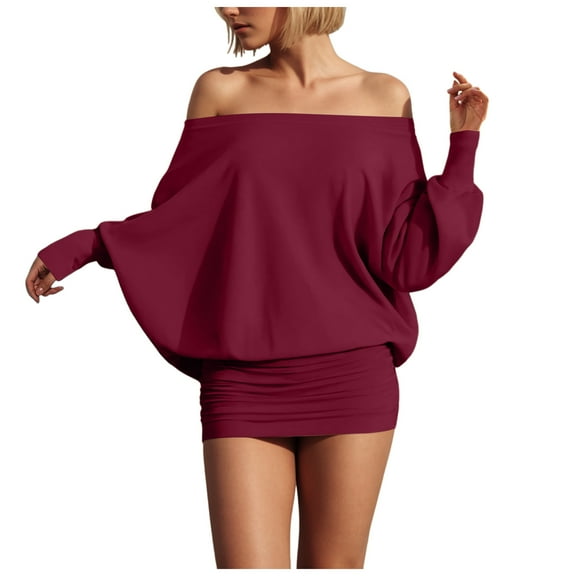 zaveiop Women's off The Shoulder Mini Dress Long Sleeve Ruched Sheer Bodycon Going out Dresses (Wine, M)
