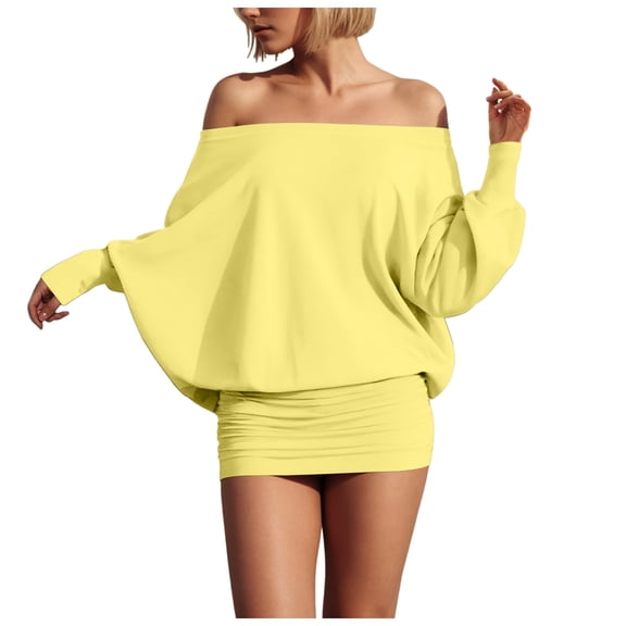 zaveiop Women's off The Shoulder Mini Dress Long Sleeve Ruched Sheer Bodycon Going out Dresses (Yellow, XS)