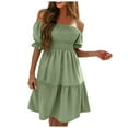 thumbnail image 1 of zaveiop Women's off The Shoulder Summer Dresses 2025 Short Puff Sleeve Ruffle Elastic Waist A-Line Smocked Casual Mini Dress (Green, Z2-Green), 1 of 5