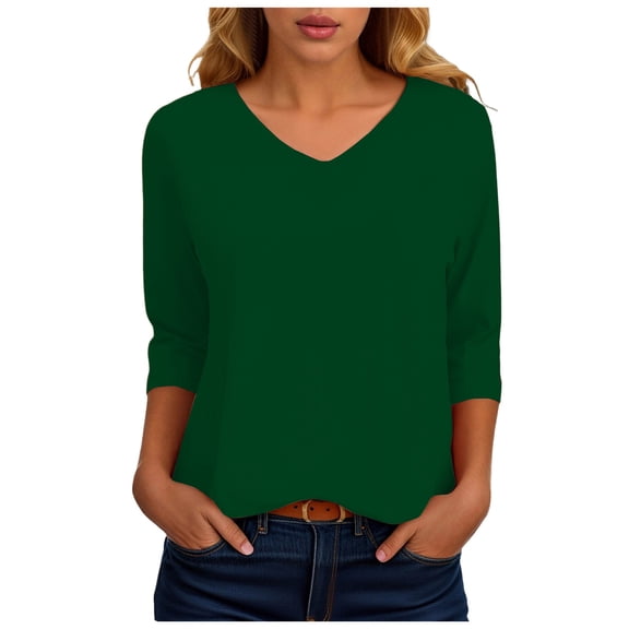 zaveiop Womens 3/4 Length Sleeve Tunic Tops Casual V Neck Shirts Basic Tees Business Work Blouses Summer Fall 2025 Clothes (Z2-Dark Green, L)