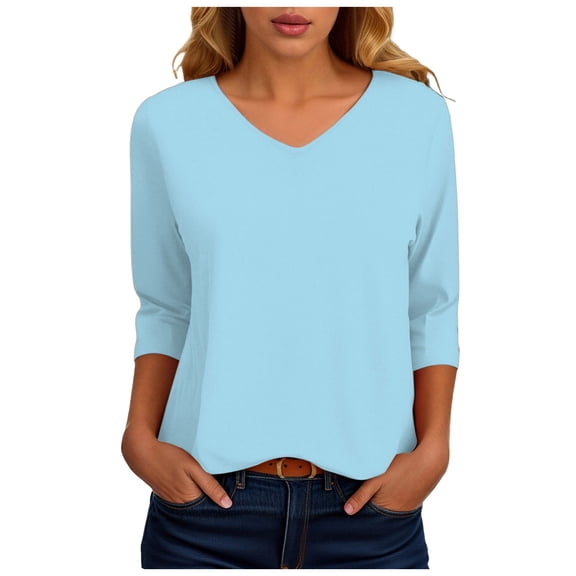 zaveiop Womens 3/4 Length Sleeve Tunic Tops Casual V Neck Shirts Basic Tees Business Work Blouses Summer Fall 2025 Clothes (Z2-Sky Blue, L)