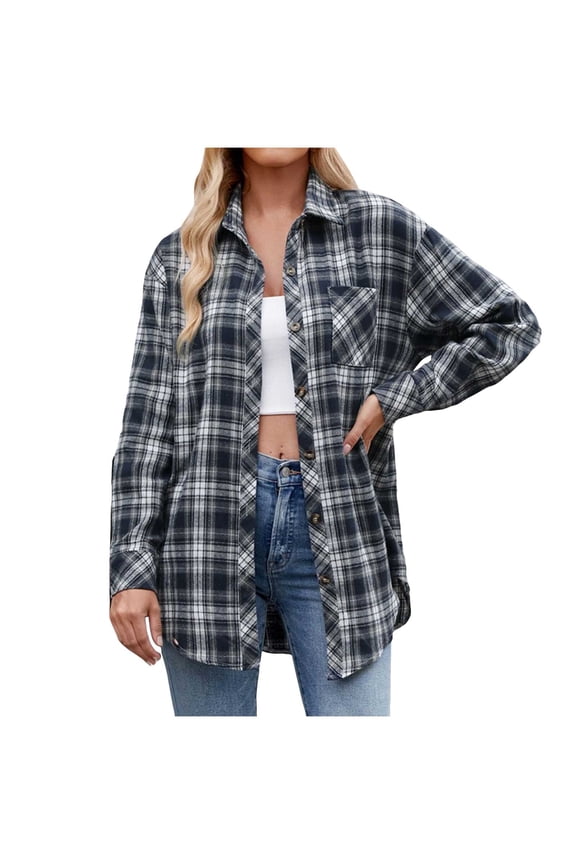 Womens Button Down Flannel Shirts Oversized Long Sleeve Plaid Shackets Casual Blouse Fall Tops 2025 (Z-Navy, XXL)