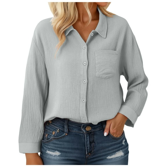 zaveiop Womens Button Down Shirts Long Sleeve Cotton Gauze Tops Casual Collared Blouses Loose Fit (Y-Grey, M)