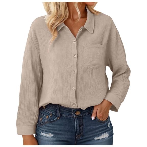 zaveiop Womens Button Down Shirts Long Sleeve Cotton Gauze Tops Casual Collared Blouses Loose Fit (Y-Khaki, XXL)