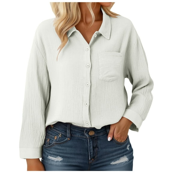 zaveiop Womens Button Down Shirts Long Sleeve Cotton Gauze Tops Casual Collared Blouses Loose Fit (Y-White, XXL)