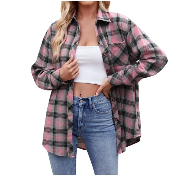 zaveiop Womens Casual Cuffed Long Sleeve Boyfriend Button Down Plaid Flannel Shirt Tops (Z2-Pink, L)