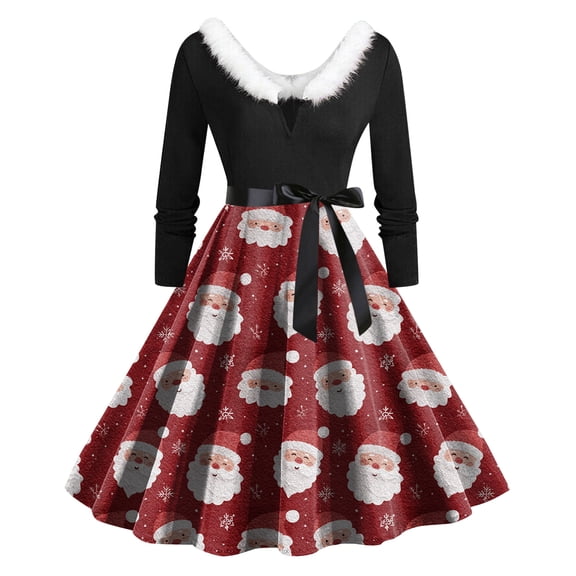 zaveiop Womens Christmas Dresses Plus Size Happy Xmas Snowflakes Print Vintage Dress V Neck Party Plush Collar Winter Dressess (Z2-Brick Red, XXL)