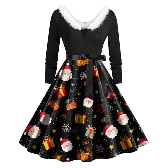 zaveiop Womens Christmas Dresses Plus Size Happy Xmas Snowflakes Print Vintage Dress V Neck Party Plush Collar Winter Dressess (Z2-Light Gray, S)