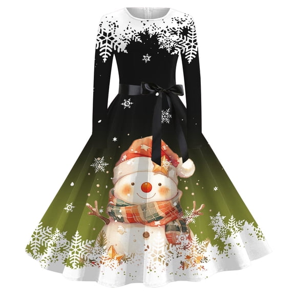 zaveiop Womens Christmas Party Dress Snowman Swing Dress Novelty Printed Skater Xmas Dress Secret Santa Gift (Z1-Green, L)