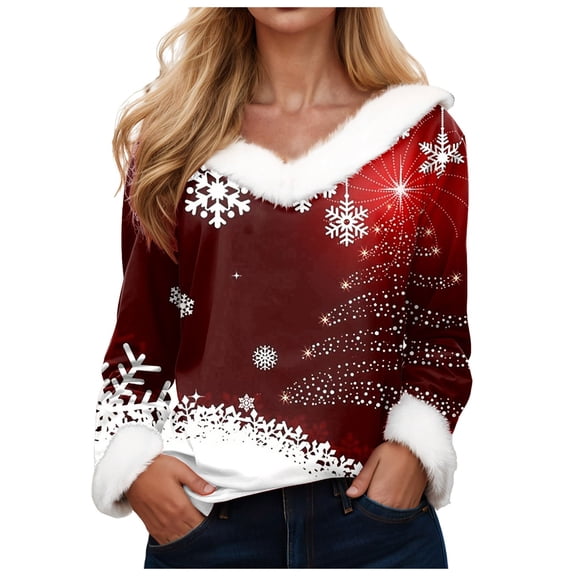zaveiop Womens Christmas Shirts 2025 Xmas Tree Graphic Faux Fur V Neck Long Sleeve Blouses Fashion Comfort Holiday Tops (Z3-White, M)