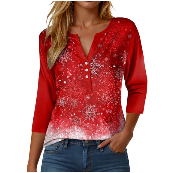 zaveiop Womens Christmas Shirts Long Sleeve V-Neck Button Down Fall Tunic Tops Reinder Print Loose Casual Blouse (Z2-Watermelon Red, S)