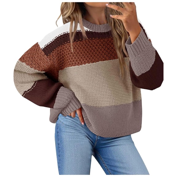 zaveiop Womens Color Block Cropped Sweaters 2025 Winter Trendy Casual Oversized Y2k Going out Striped Pullover Tops (Brown, S)