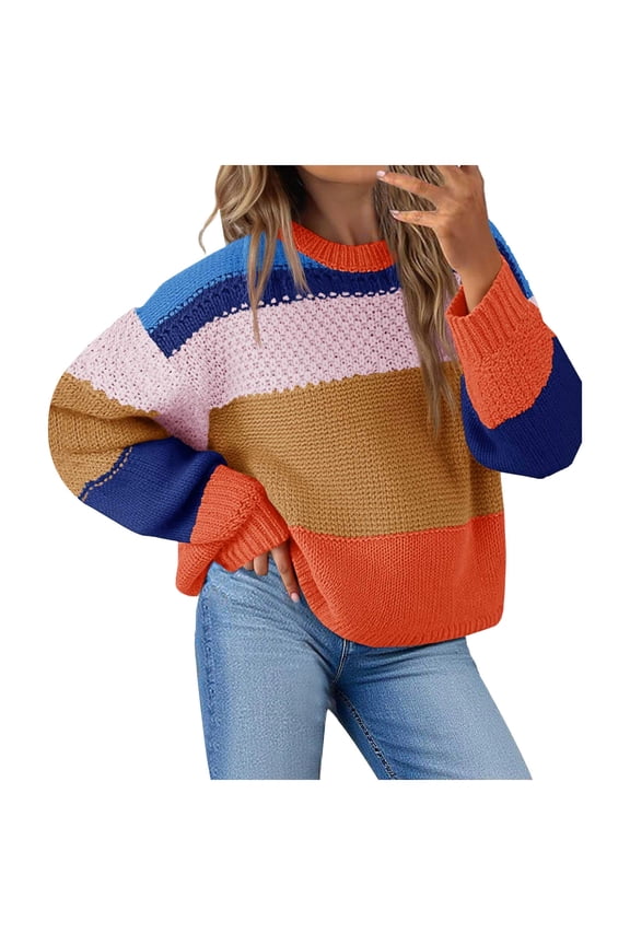 Womens Color Block Cropped Sweaters 2025 Winter Trendy Casual Oversized Y2k Going out Striped Pullover Tops (Orange, M)