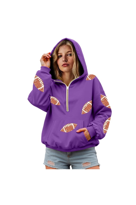 Womens Game Day Sweatshirts Football Sequin Hoodies Tailgate Outfits Long Sleeve Zipper Sweaters with Pocket (Purple, L)