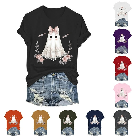 zaveiop Womens Halloween Sales Lace Ghost Halloween Coquette Bow T-Shirt Vintage Graphic Tees Funny Crewneck Short Sleeve Tops (Black, M)