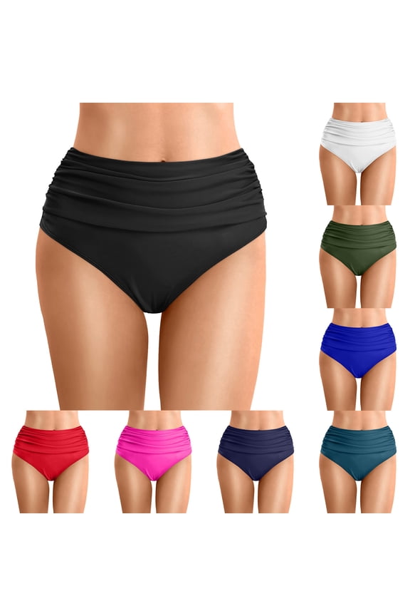 Womens High Waisted Bikini Bottoms Tummy Control Swim Bottom Ruched Full Coverage Retro Swimwear (White, M)